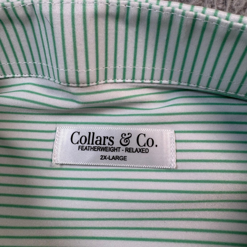 Collars & Co Mens 2XL Featherweight Relaxed Dress Collar Polo Green White Stripe - Picture 3 of 8